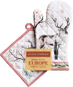 Maison d' Hermine 100% Cotton Oven Mitt & Pot Holder Set (7.5"x13" & 8"x8") Heat Resistant BBQ Cooking Gloves with Loop, Baking, Grilling, Kitchen, Handling Hot Pans (Rural Christmas)