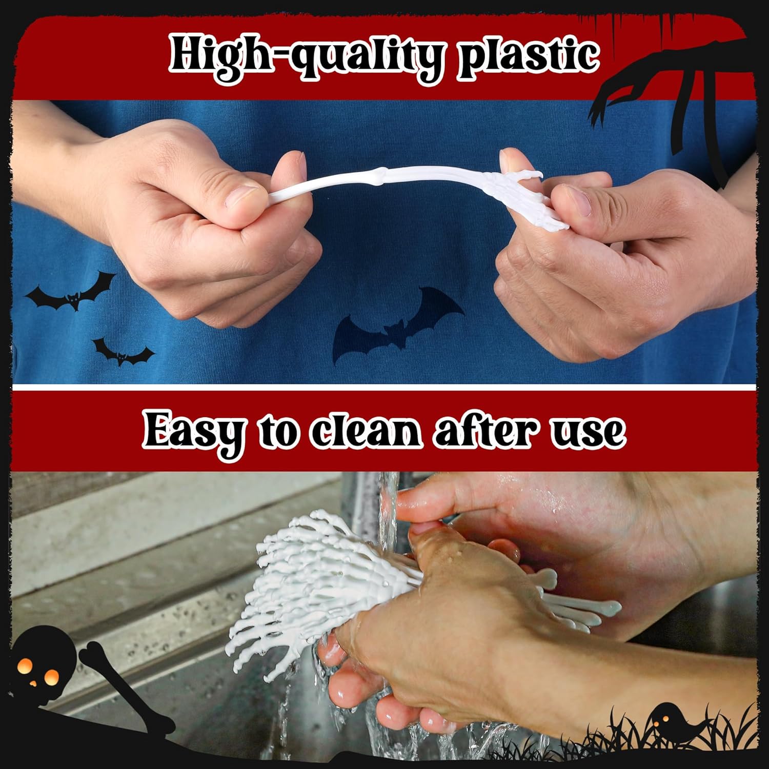 RunNico 50 Pcs 5.9''x1.5'' Halloween Skeleton Cocktail Stirrers, Reusable Skeleton Hand Swizzle Sticks, Halloween Plastic Drink Stirrer for Home Bar Horror Party Table Decorations Photo Props