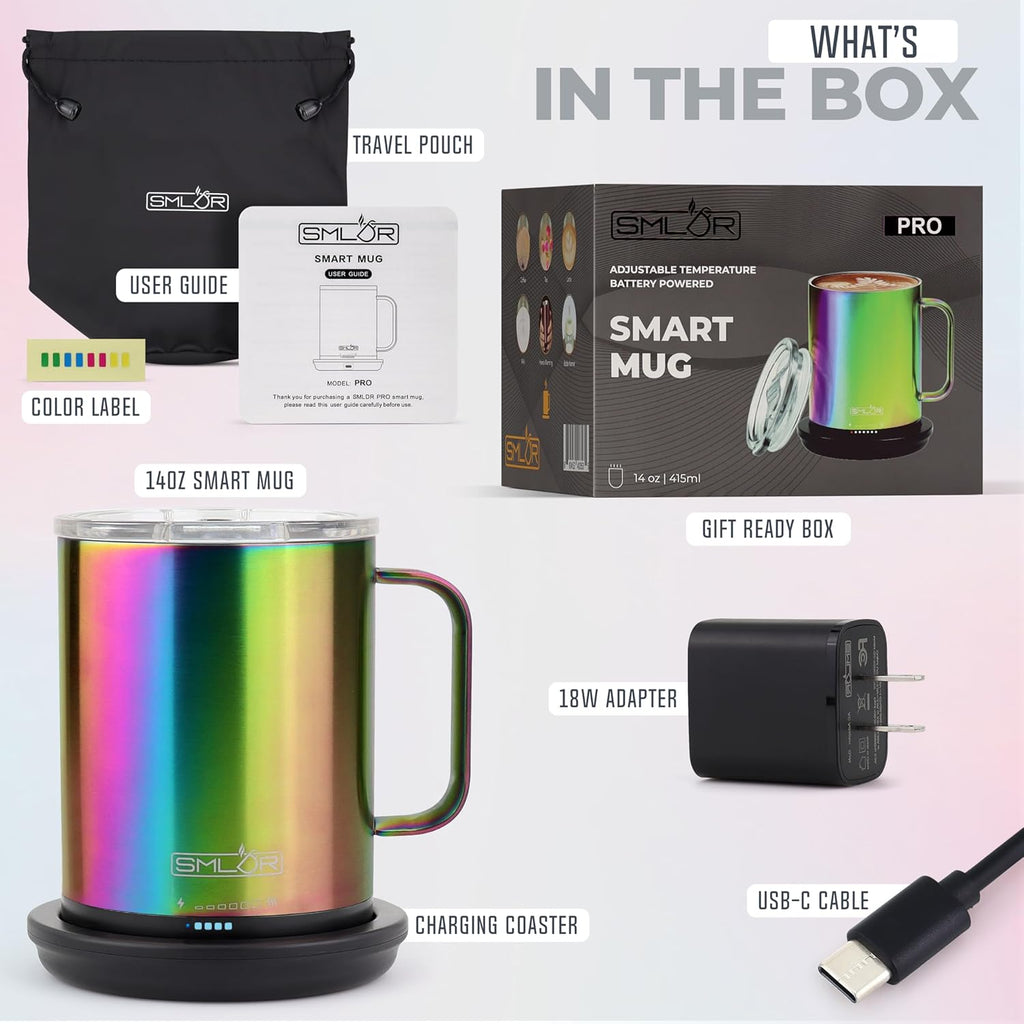 SMLDR Pro Heated Mug, 14 oz Smart Mug, Self-Heating, Adjustable Temperature, Battery Powered Heated Coffee Mug, Quick Recharge Time, Great for Coffee & Tea, Excellent Gift (Rainbow)