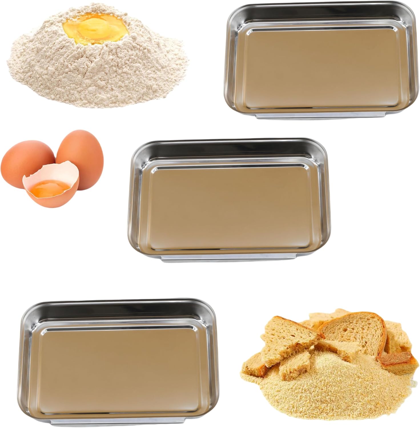 3-Piece Stainless Steel Breading Set – Interlocking Coating Trays for Chicken, Fish, Meat | Non-Slip, Dishwasher Safe, Oven Safe | Stackable Space-Saving Design for Flour, Egg, Breadcrumbs