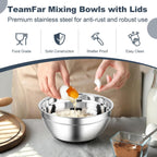 TeamFar Mixing Bowls, Black Mixing Bowls with Lids Set, Stainless Steel Nesting Salad Bowl with Air-tight Lid & Silicone Bottom, Non Slip & Stackable - Set of 6-4.6/2.6/2 / 1.5/1 / 0.7 Qt