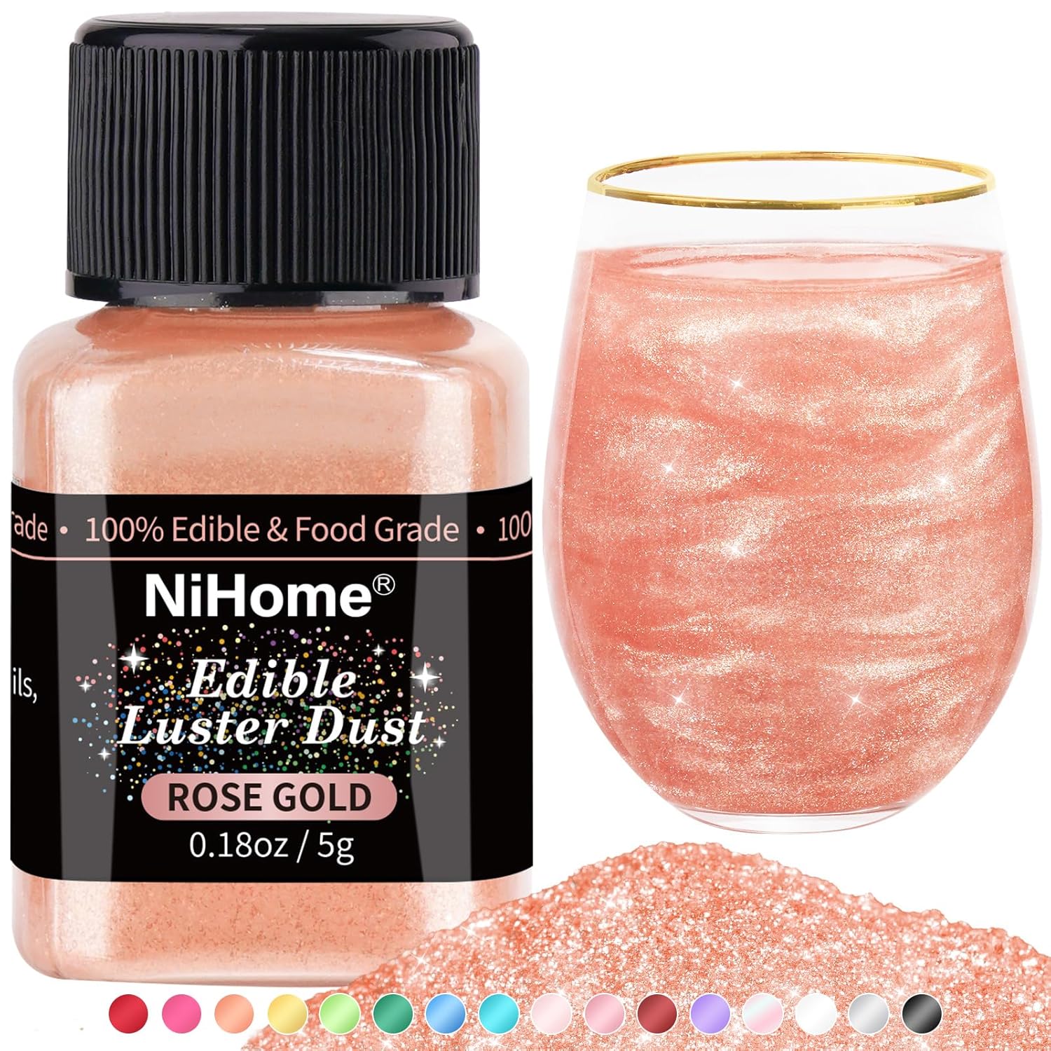 NiHome Edible Food-Grade Glimmer Powder Glitter Luster Dust Metallic Food Decorating Sprinkle Glimmery Dust for Drink Wine Beverage Cake Candy Dessert Bakery Restaurant Vegan (0.18oz/5g, Rose Gold)
