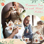 Zhehao 20 Pcs Porcelain Tea Set with Metal Holder and Spoon Adult Ceramic Tea Party Set European Flower Painting Teapot Cup Saucer Spoon for Women, Large Version (Styleish Style)