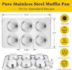 Homikit 1 Pack Muffin Pan, Stainless Steel Cupcake Tin with 6 Cups Regular Size, Thick Metal Egg Bites Bakeware for Oven Baking, Rust Free & Non Toxic, Also Be Snack Tray for Kids, Dishwasher Safe