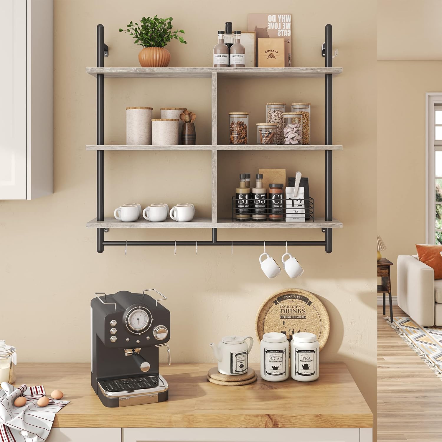 Bestier 41.5" Floating Pipe Shelving Kitchen Shelves Wall Mounted 3 Tier Ladder Shelf Hanging with Circular Tube Display Bookshelf Storage for Living Room Kitchen Balcony, Retro Grey