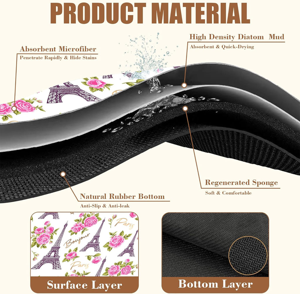 Eiffel Tower with Pink Rose Coffee Mat Absorbent Dish Drying Mat for Kitchen Counter Hide Stain Rubber Backed Coffee Bar Accessories Fit Under Espresso Machine Dish Drainer 11.8 x 19.7 Inch