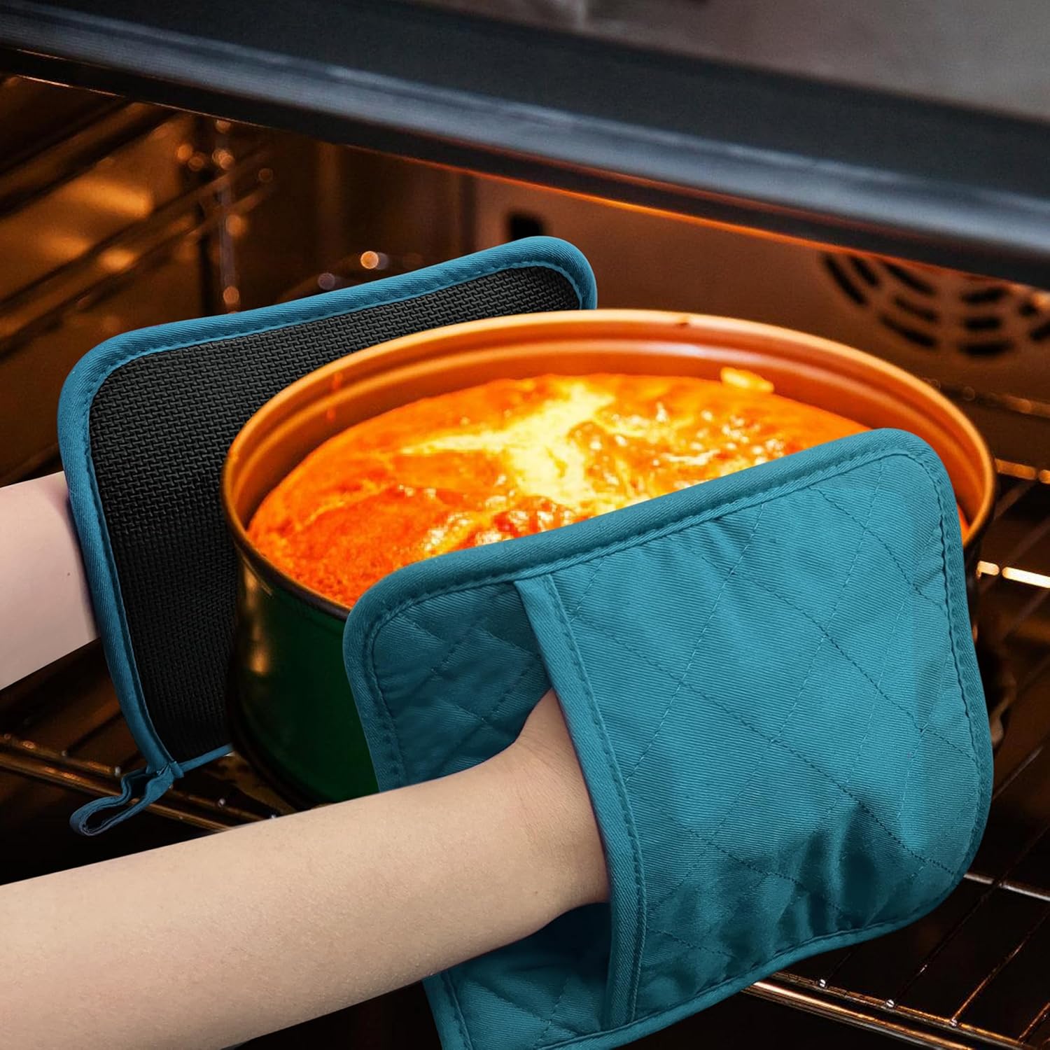 Cotton and Neoprene Oven Pads Pot Holders with Pocket 8"x8.5" Dual-Function Hot Pad Set for Finger Hand Wrist Protection Heat Resistant to 428°F Teal