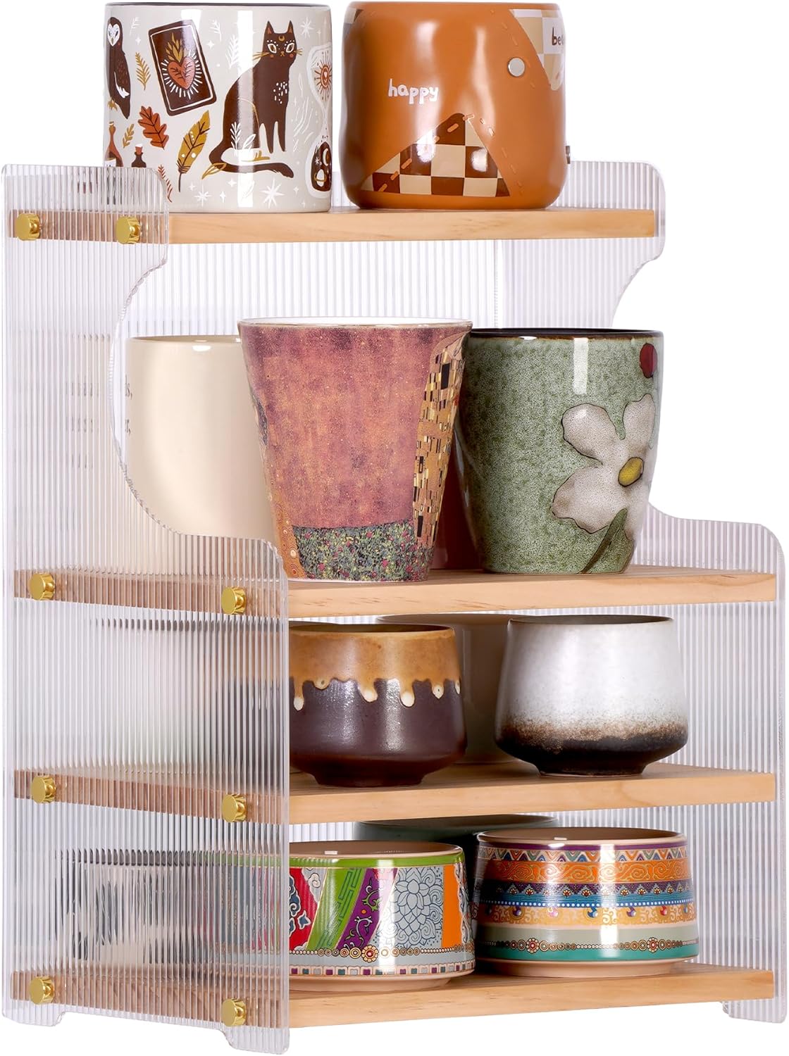 Coffee Mug Holder Wooden Cup Station Organizer 4-Tier Cup Holder for Coffee Bar Mug Display Rack for Countertop Mug Holder Shelf for Home Kitchen Pine Wood