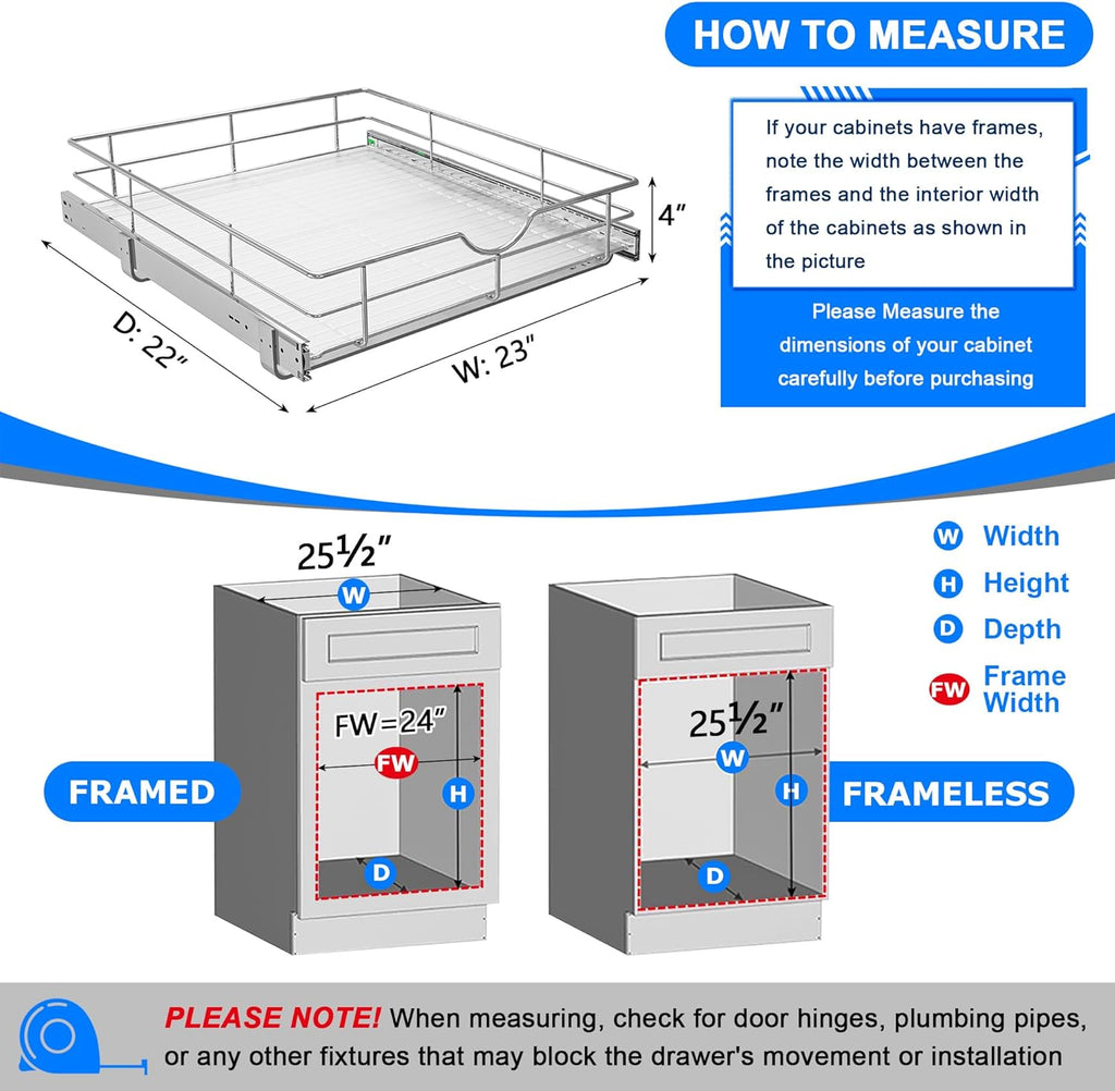 WelFurGeer Soft Close Slide Out Cabinet Shelf, 23" W x 22" D Pull Out Drawers for Kitchen Cabinets, Kitchen Shelf Organizer, Cupboard Organizers and Storage, Under Cabinet Pull Out Shelves