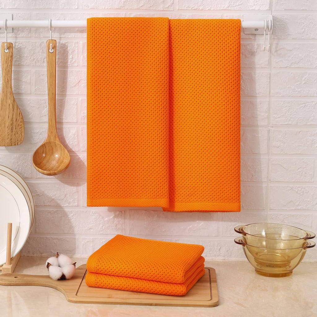 Kitinjoy 100% Cotton Waffle Weave Kitchen Towels, 4-Pack Super Soft and Absorbent Dish Towels for Drying Dishes, Kitchen Hand Towels, 13 in x 28 in, Orange