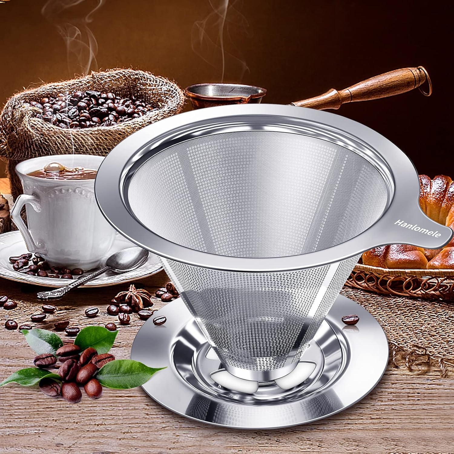 Pour Over Coffee Dripper, Paperless Reusable Coffee Filter, Pour Over Coffee Maker for Single Cup Brew, Double Mesh Design of Stainless Steel Cone Filter for Perfect Extraction (1-4 Cup)