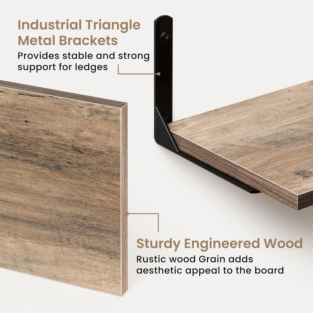 Fun Memories Deep Floating Shelves, 16W x 8D Floating Shelves Set of 2, Wall Mounted Shelf with Metal Brackets, Rustic Wood Wall Shelf for Bathroom, Kitchen and Living Room, Grey