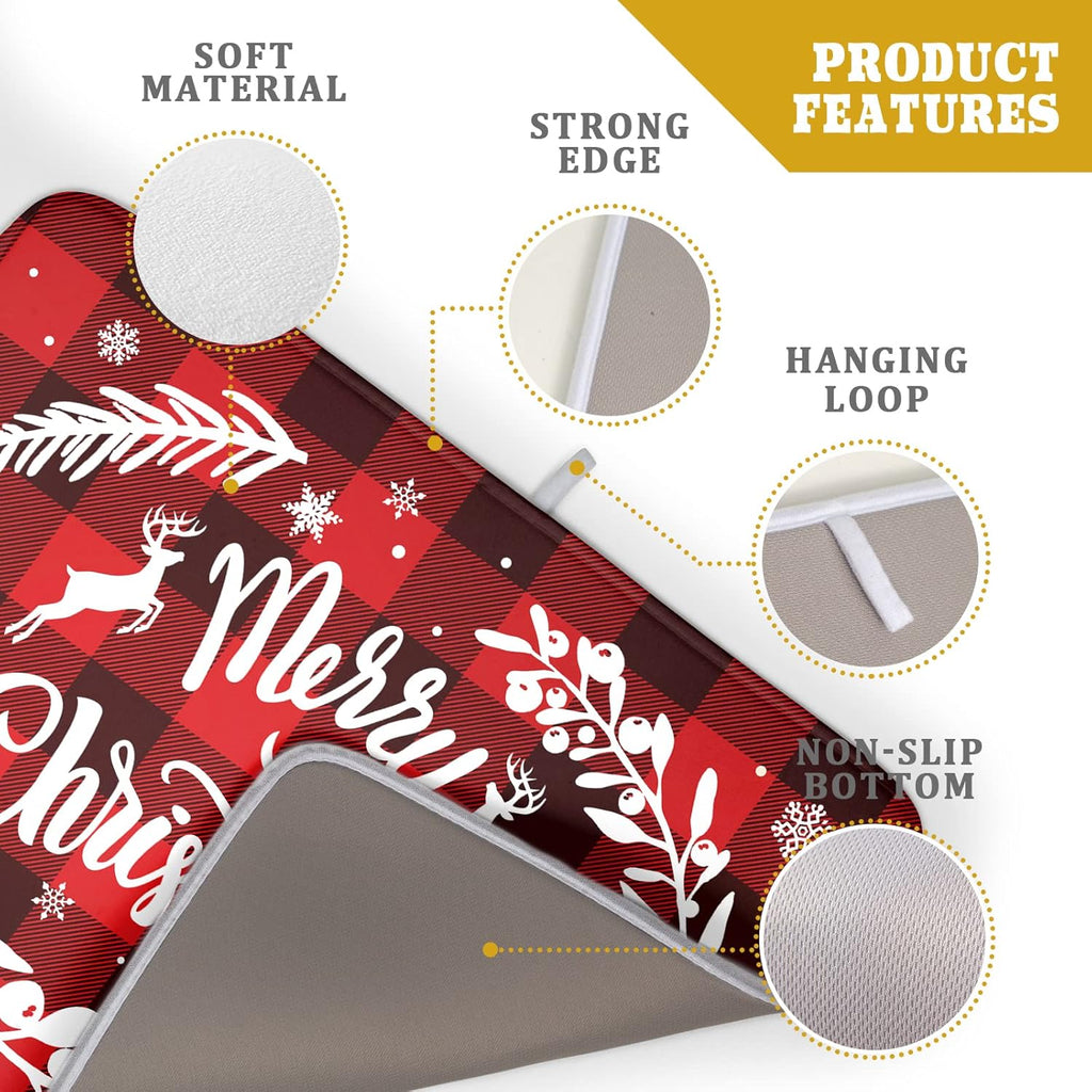 Merry Christmas Dish Drying Mat 18x24 Inch for Christmas Kitchen Counter Decor Absorbent Reversible Microfiber Red Buffalo Check Plaid Dishes Pad Dish Drainer Rack Mats Kitchen Accessories