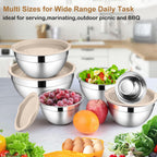 LIANYU Mixing Bowls with Airtight Lids Set, 6 Piece Stainless Steel Metal Kitchen Nesting Bowl, Size 7, 3.5, 2.5, 2, 1.5, 1QT for Prepping, Baking & Food Storage, Dishwasher & Freezer Safe, Khaki