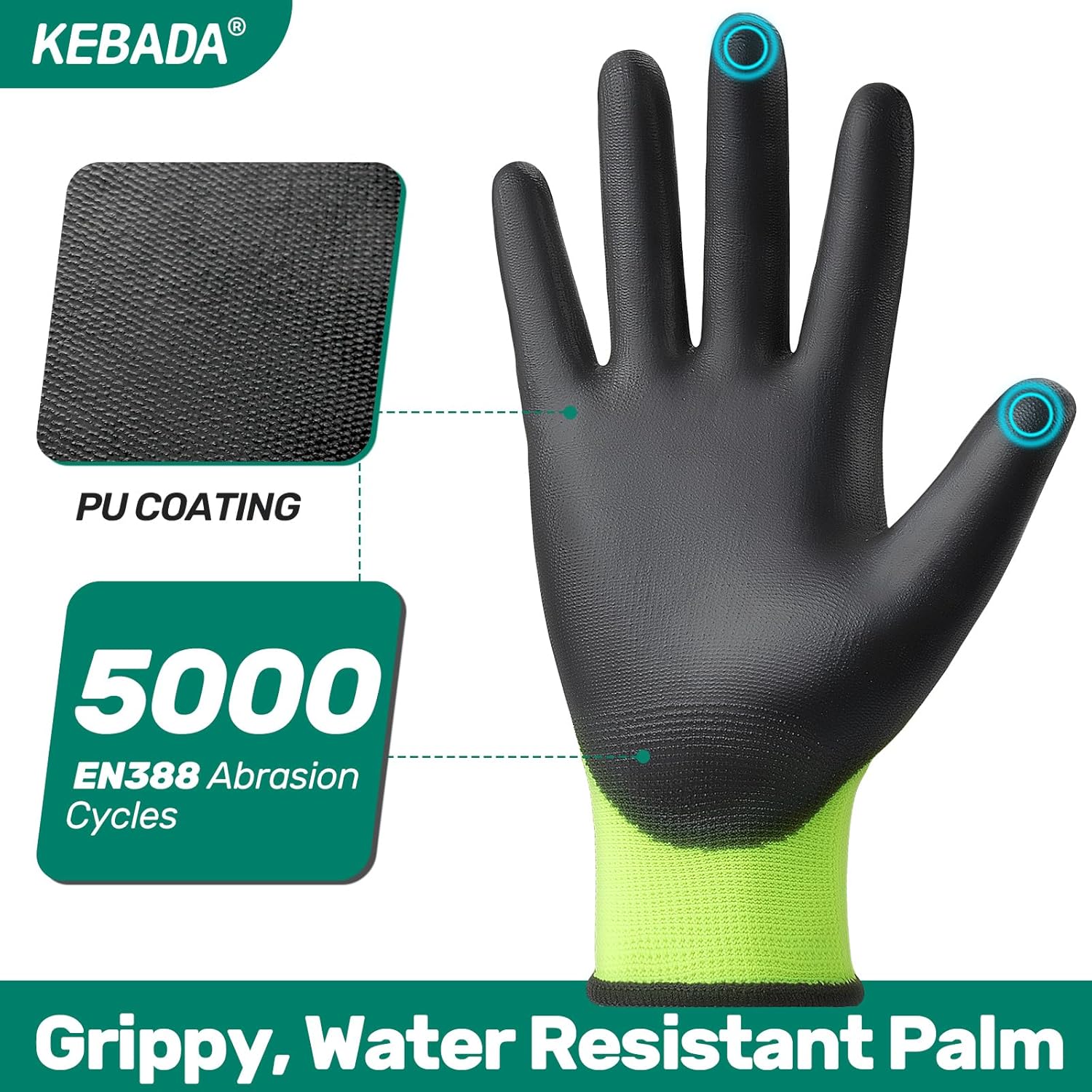 Kebada W1 Work Gloves for Men and Women, PU Coated Safety Gloves with Grip, Touchscreen, Ideal for Warehouse Package Handling, Construction, Gardening, Green Small