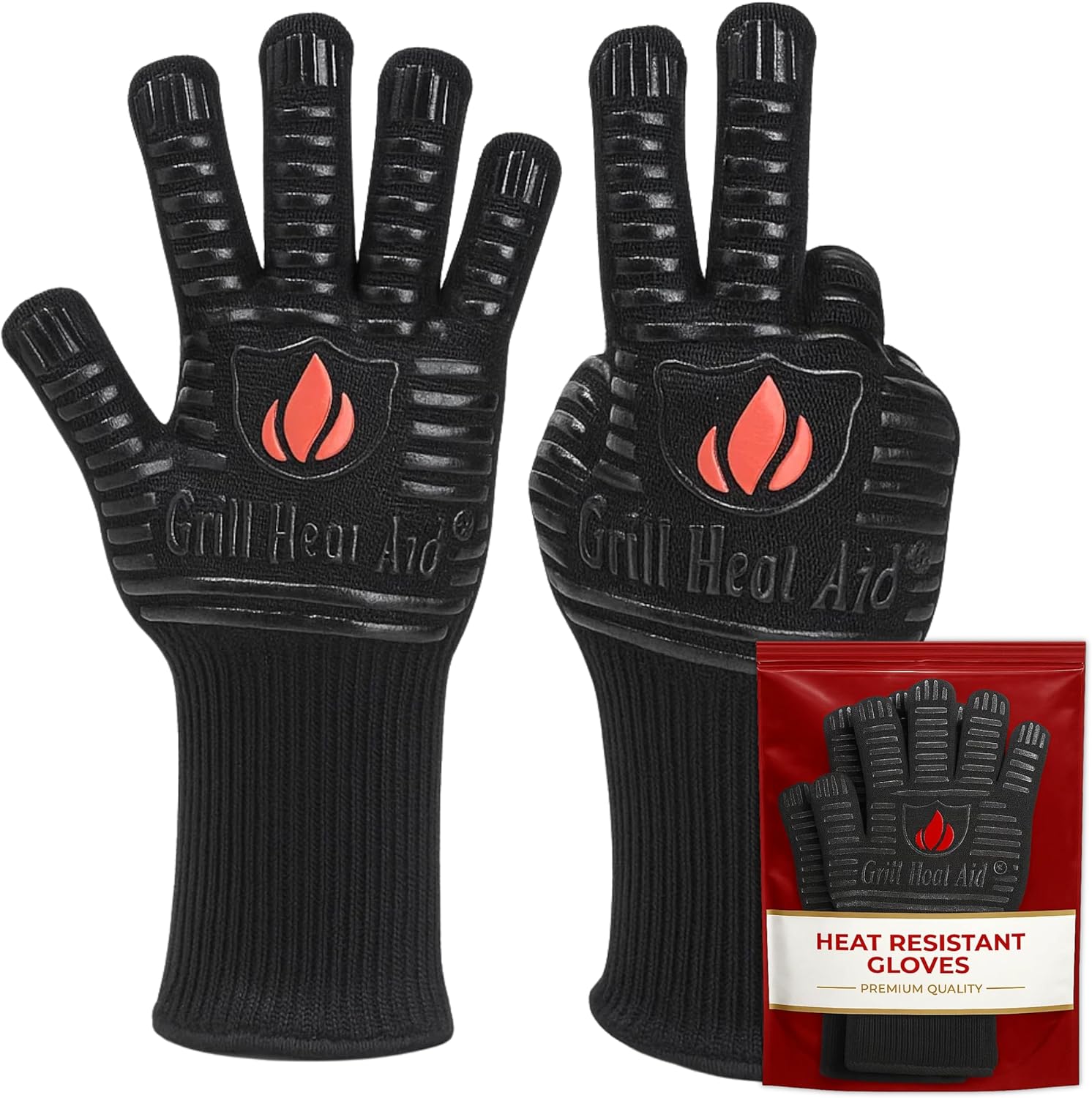 GRILL HEAT AID BBQ Grill Gloves Heat Proof for Grilling – Fireproof 1472°F Heat-Resistant Grill Mitts for Outdoor Barbecue and Smoker, Campfire, Fire Pit, Oven Glove with Fingers for Baking Pizza