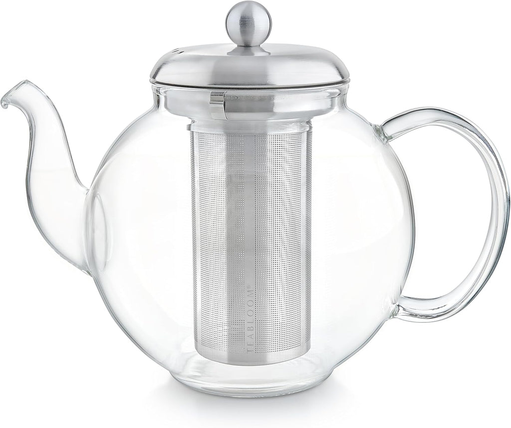 Teabloom Heritage Borosilicate Glass Teapot – 40 oz Classic Round Design with Stainless Steel Infuser – Stovetop Safe, Drip-Free Spout, Durable Heat-Resistant Tea Kettle for Loose Leaf or Teabags