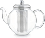 Teabloom Heritage Borosilicate Glass Teapot – 40 oz Classic Round Design with Stainless Steel Infuser – Stovetop Safe, Drip-Free Spout, Durable Heat-Resistant Tea Kettle for Loose Leaf or Teabags