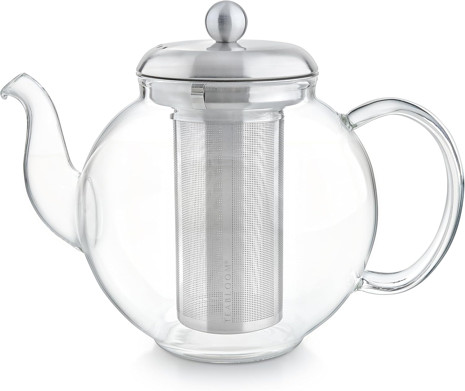 Teabloom Heritage Borosilicate Glass Teapot – 40 oz Classic Round Design with Stainless Steel Infuser – Stovetop Safe, Drip-Free Spout, Durable Heat-Resistant Tea Kettle for Loose Leaf or Teabags