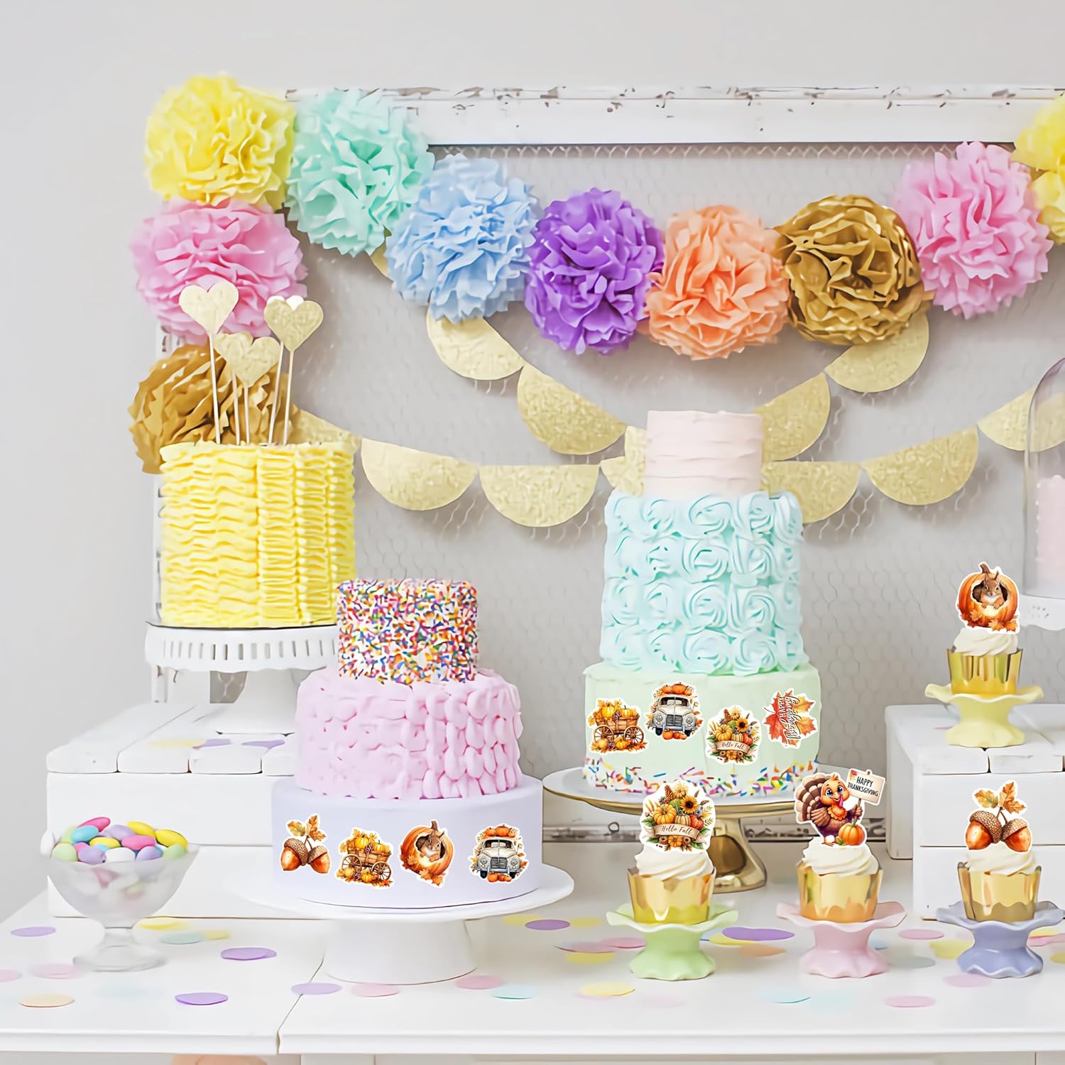 40 PCS Edible Wafer Paper Turkey Pumpkin Fall Theme Cake Picks Autumn Decorations for Thanksgiving Party