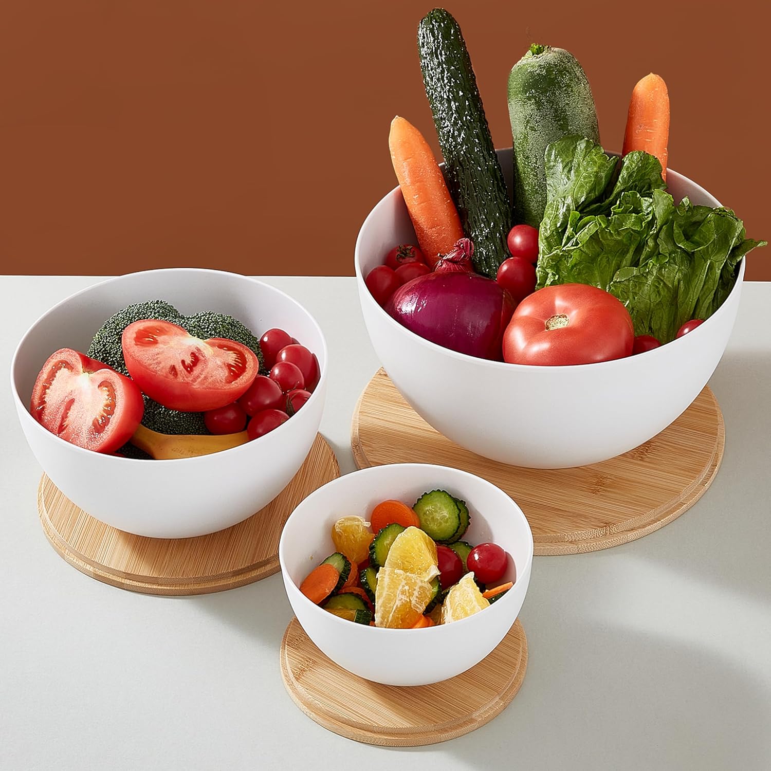 JOYMAY Salad Bowls, Mixing Bowl Salad Bowl Set, Natural Bamboo Fiber Serving Bowl Set of 3 with Bamboo Wood Lid, Nesting Bowls for Salads,Pastas(White,10",8",6")