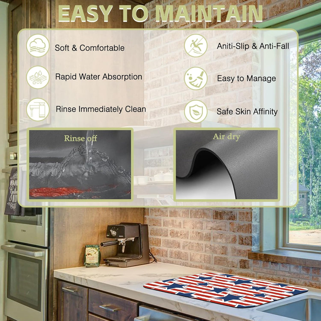 Dish Drying Mat Watercolor Blue Star Red Stripes Kitchen Mat 12"x19" Bsorbent Coffee Maker Mat for Dishes,Utensils Coffee Maker Pots and Pans Easy Clean Dish Slip Resistant Pad