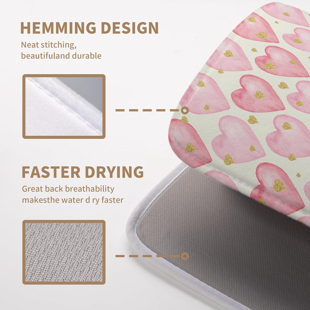 Valentines Dish Drying Mat Valentine Dishes Drying Pad Pink Golden Heart Love Absorbent Dish Dryer Matt for Kitchen Countertops Microfiber 18x24 Inches