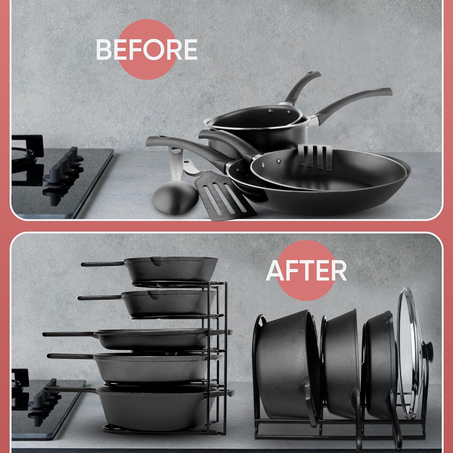 Heavy-Duty Pots and Pans Organizer | 5-Tier Cookware & Lid Storage Rack | Free-Standing or Wall-Mount | Kitchen Organizer for Cast Iron Skillets, Pots, Frying Pans, Lids | Black