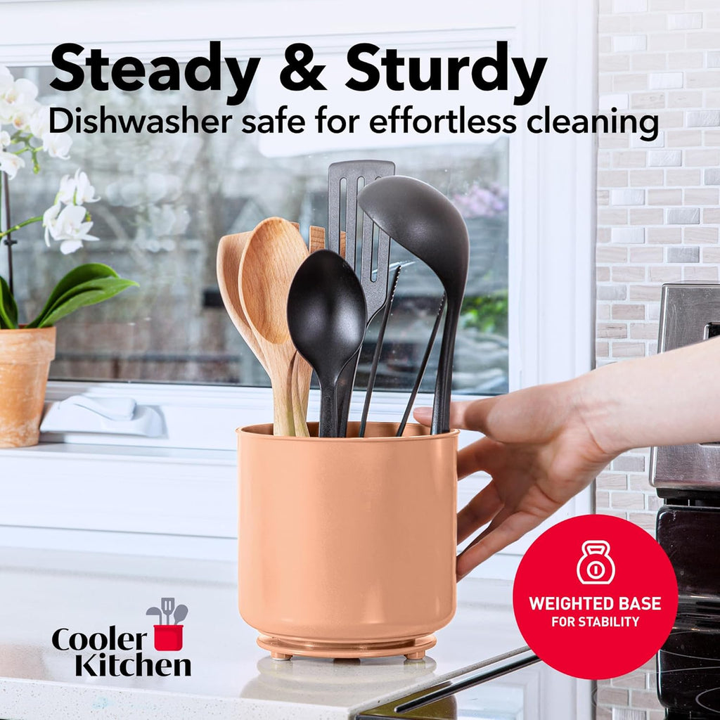 Rotating Extra Large Peach Plastic Utensil Holder Caddy with Sturdy No-Tip Weighted Base, Removable Divider, and Gripped Insert - Dishwasher Safe Kitchen Utensil Holder for Countertop