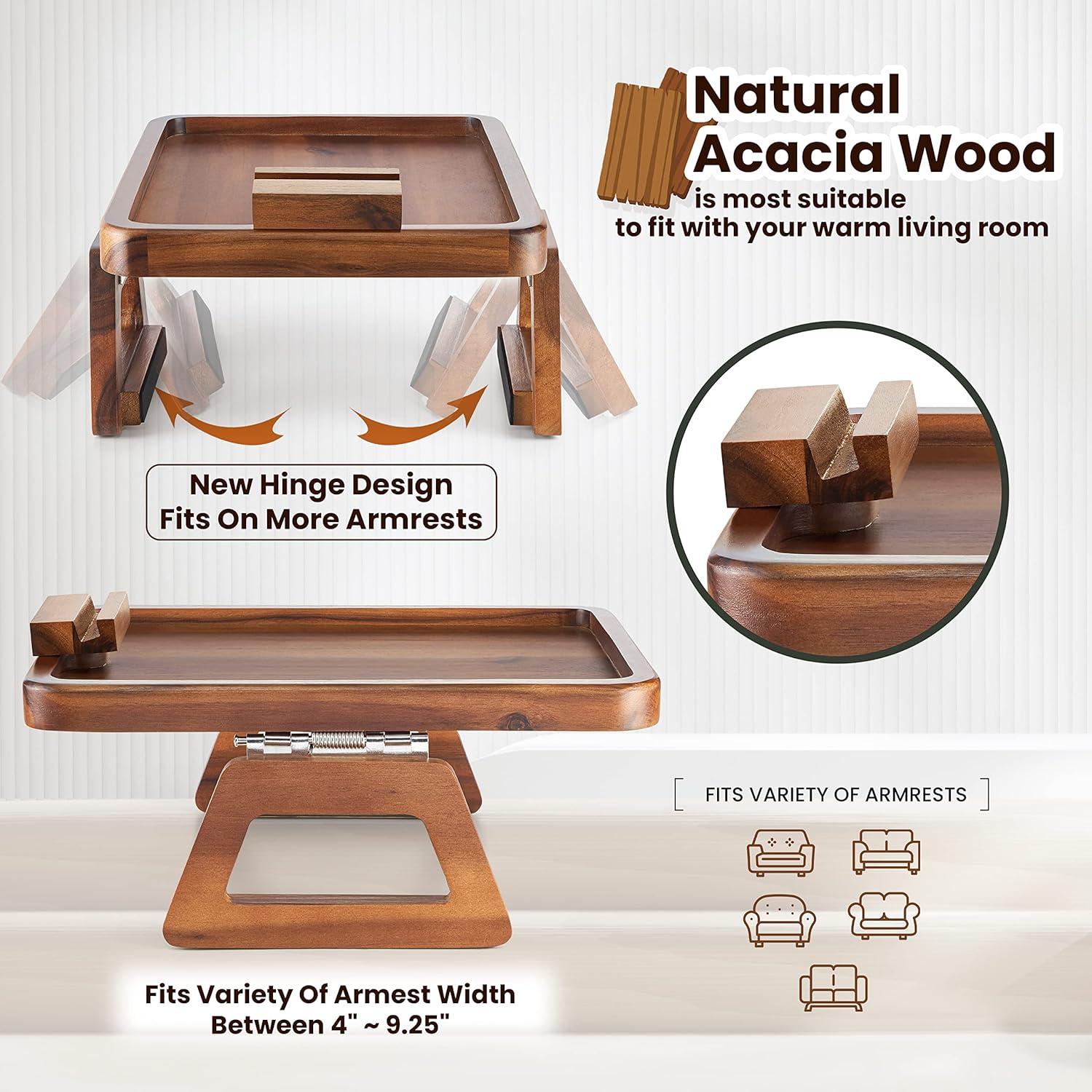 Tinamo Acacia Wood Sofa Armrest Tray with Phone Holder - Large Sofa Arm Tray Table Clip - Couch Arm Table for Wide Couches - Wooden Side Tables for Small Spaces for Eating and Drink(13.8" x 9.5" x 1")