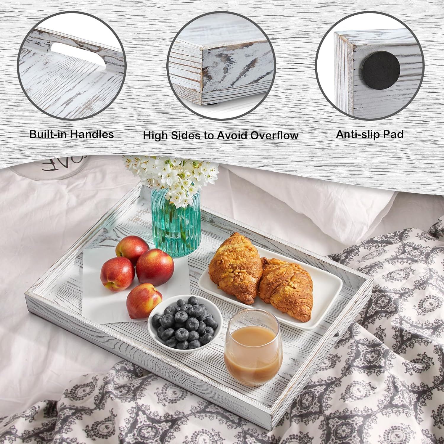 17 Inch White Serving Tray with Handles, Large Wooden Tray for Ottoman, Breakfast in Bed, Coffee Table, Dinner, Rectangular Wood Tray for Living Room Bedroom Entryway and Kitchen
