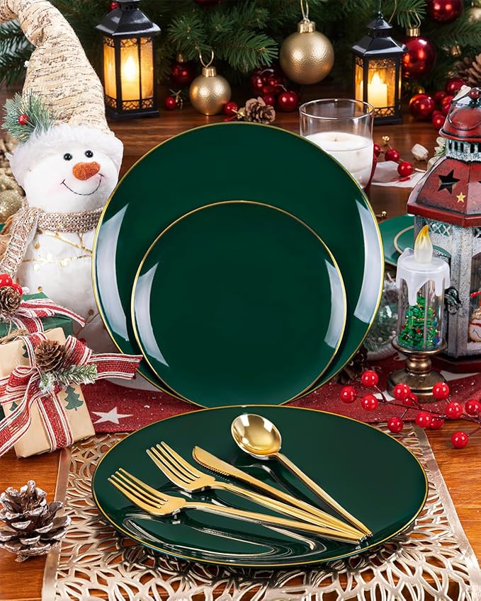 PULOTE 200PCS Green Plastic Plates - Heavy Duty Green Disposable Include 100 Each (10 inch Dinner & 7 inch Dessert) Plates for Christmas Party