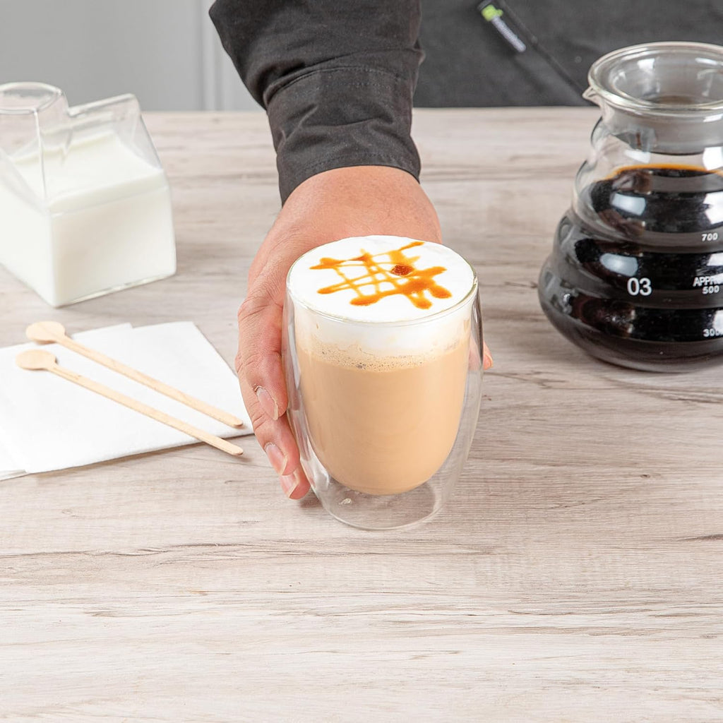 Restaurantware-Forma Professional 11.8 Ounce Double Wall Coffee Cups, 12 Insulated Latte Glasses - Dishwashable, Reusable, Clear Glass Beverage Cups, Freezable, For Hot Or Cold Beverages