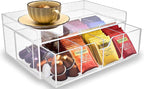 Acrylic Tea Station Organizer for Countertop - Tea Bag Organizer Drawer, Clear Lucite K Cup and Coffee Pod Storage box with 8 Compartments, Tea Caddy Creamer Holder Display Stand