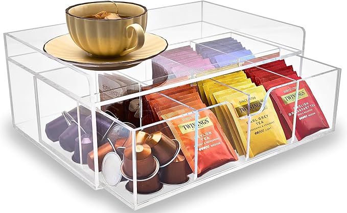 Acrylic Tea Station Organizer for Countertop - Tea Bag Organizer Drawer, Clear Lucite K Cup and Coffee Pod Storage box with 8 Compartments, Tea Caddy Creamer Holder Display Stand