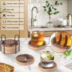 Wood Coasters Set of 6 with Holder, Cewiru Cup Mat for Drinks, Absorbent Coasters with Felt Insert for Coffee Table Protection, Modern Style Home Dining Table Decor, 4.3" Brown