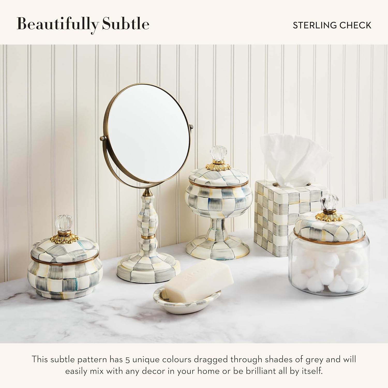 MACKENZIE-CHILDS Enamel Squashed Pot, Cute Enameled Container with Lid, 20 Ounces, Gray-and-White Sterling Check