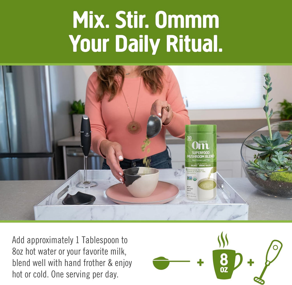 Om Mushroom Superfood Matcha Latte Blend Mushroom Powder, 8.47 Ounce Canister, 30 Servings, Green Tea, Lion's Mane, Reishi, Chaga, Turkey Tail, Focus & Stress Support Supplement