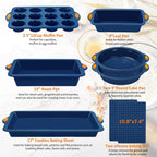To encounter 8 in 1 Silicone Baking Set - 6 Cake Molds - 2 Silicone Baking Mat, Nonstick Cookie Sheet, Cake Muffin Bread Pan with Grips and Metal Reinforced Frame More Strength, Navy Blue