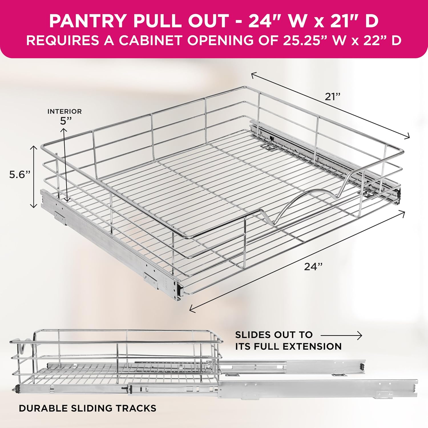 HOLDN’ STORAGE Heavy-Duty Premium Collection Pull Out Cabinet Organizer, Cabinet Drawer Slide Outs, Lifetime Limited Warranty - Basket Size 24" W x 21" D x 5" H, Anti-Rust Chrome Finish