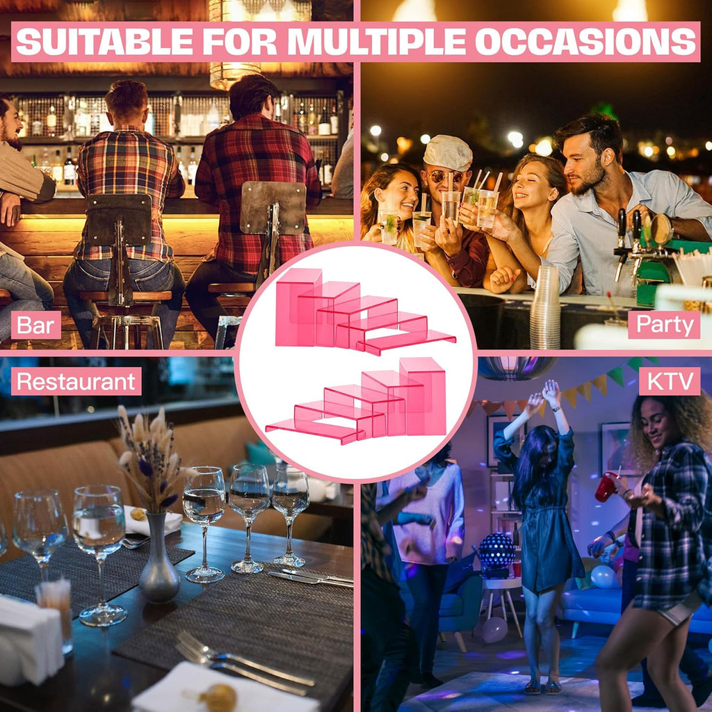 Goabroa Acrylic Display Risers, 2 Sets 10 Pcs Perfume Stand Organizer, Rectangular Riser Shelves for Figures, Cupcake, perfume display, Wine Glass and Handbag display，Transparent Pink