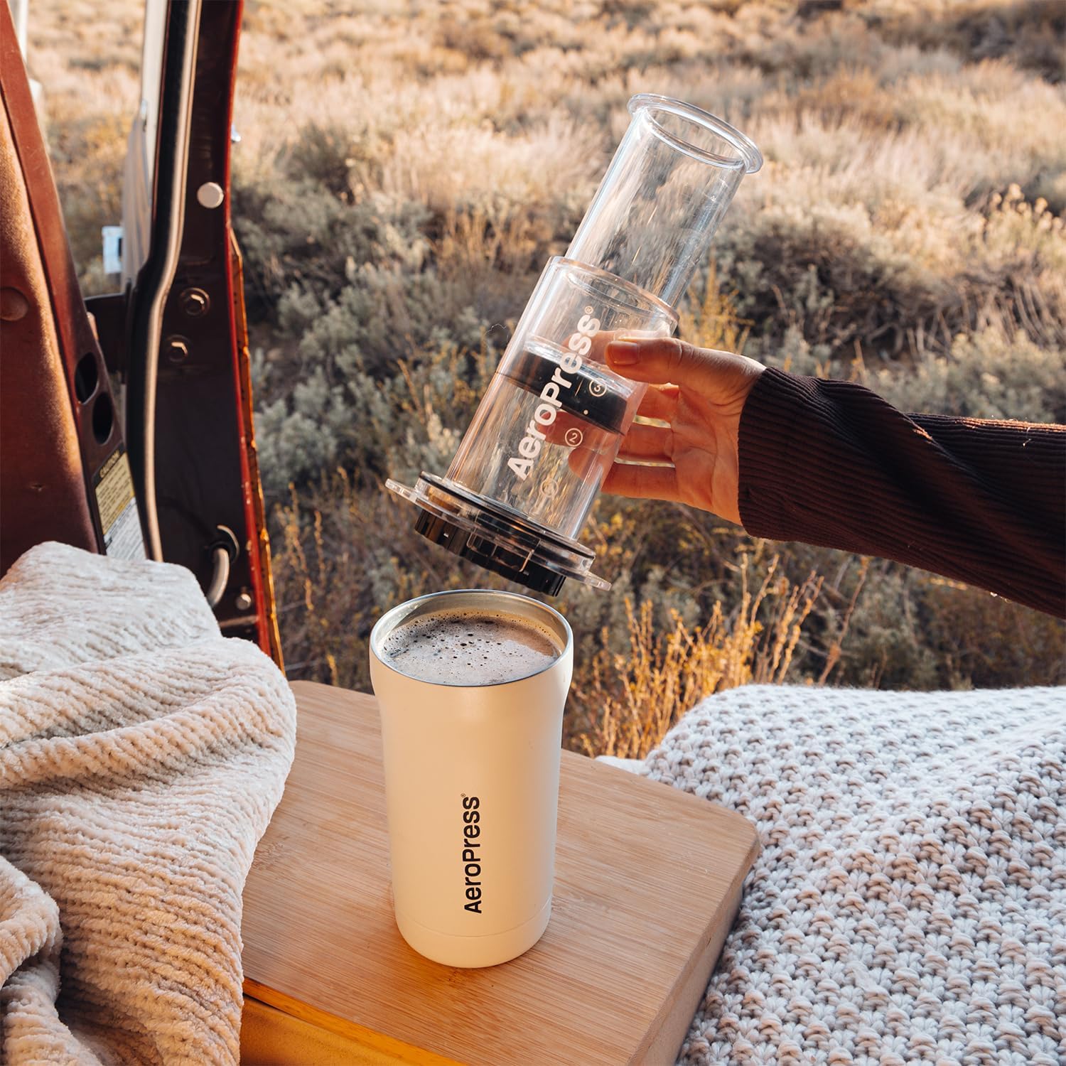 AeroPress Go Plus, Small Portable Coffee Maker for Travel & Camping - 3 In 1 Brew Method Combines French Press, Pourover, Espresso, Full Bodied Coffee without Bitterness, Coffee Press Kit - Cream