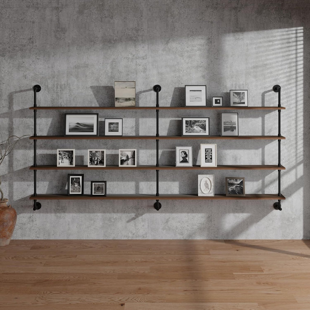 Industrial Pipe Wall Shelves Pipe Shelving with Real Wood Plank,60 Inches Floating Shelves for Wall Farmhouse Pipe Book Shelves Dark Brown 4 Tier for Kitchen,Living Room Decor and Bar Shelving