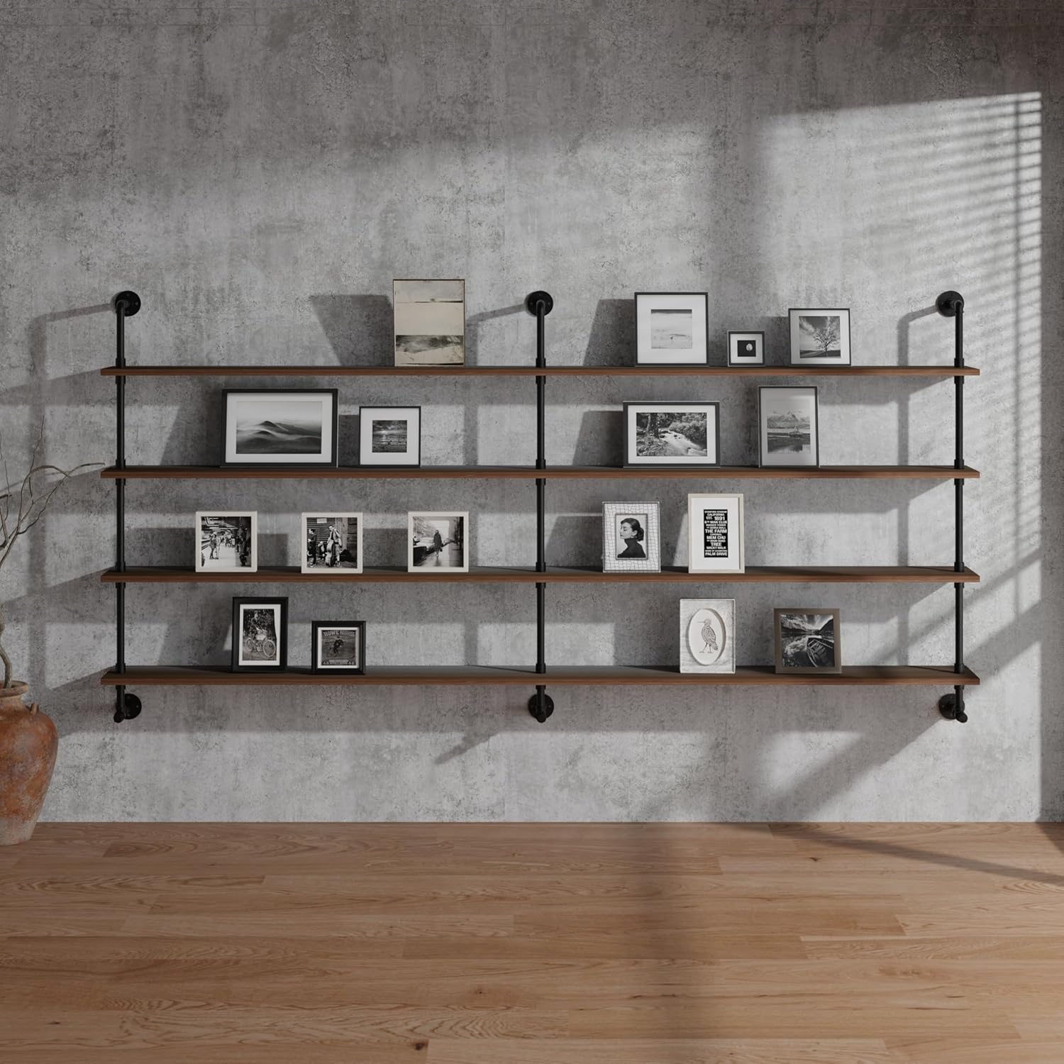 Industrial Pipe Wall Shelves Pipe Shelving with Real Wood Plank,60 Inches Floating Shelves for Wall Farmhouse Pipe Book Shelves Dark Brown 4 Tier for Kitchen,Living Room Decor and Bar Shelving