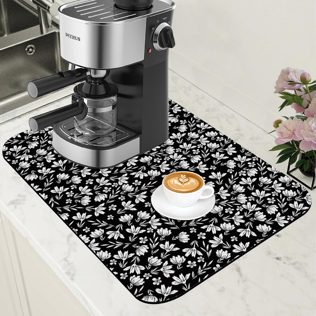 Black and White Flowers Dish Drying Mat for Kitchen Counter Coffee Bar Mat Hide Stain Absorbent Rubber Backed Drying Rack Pad Espresso Machine Coffee Bar Accessories 11.8 x 19.7 Inch