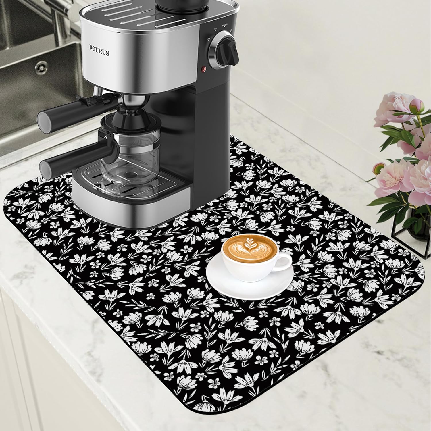Black and White Flowers Dish Drying Mat for Kitchen Counter Coffee Bar Mat Hide Stain Absorbent Rubber Backed Drying Rack Pad Espresso Machine Coffee Bar Accessories 11.8 x 19.7 Inch