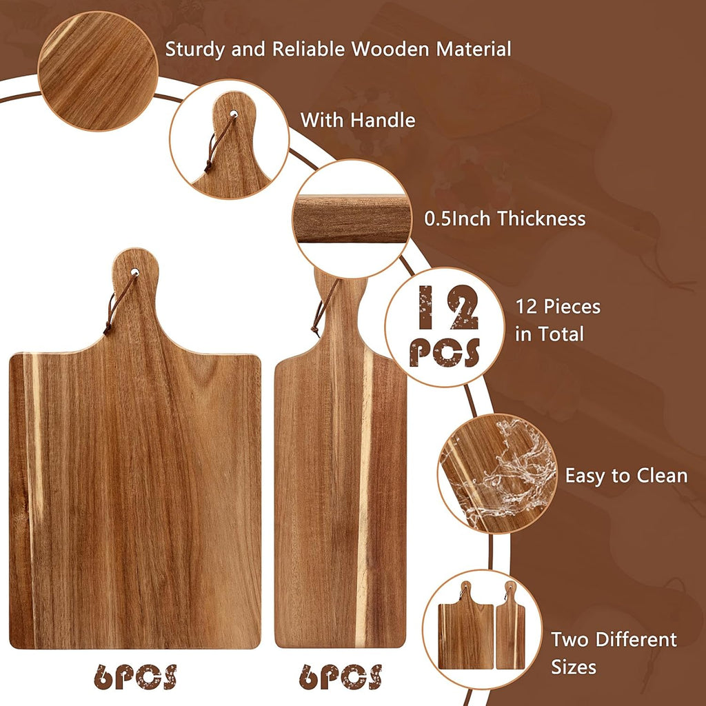 12 Pack Acacia Wood Cutting Board,Bulk Charcuterie Boards Chopping Board with Handle 15.7 x 9.8 Inch & 15.7 x 5.1 Inch, Wooden Boards for Serving Food Cheese Pizza Bread Fruit Meat