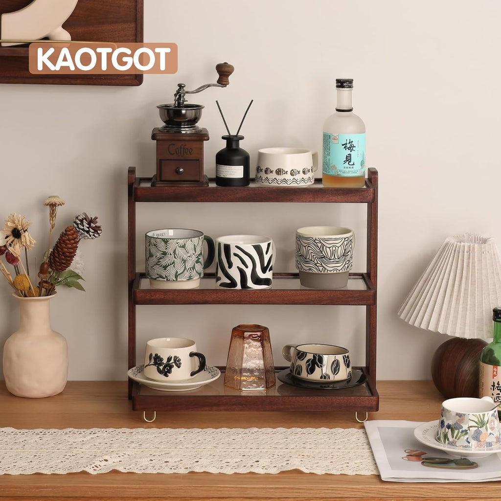 Coffee Mug Holder Wooden Cup Rack,3-Tier Acrylic Home Wood Mug Display Rack for Kitchen Countertops, Coffee Bars, Syrup, Cups, Stirrers