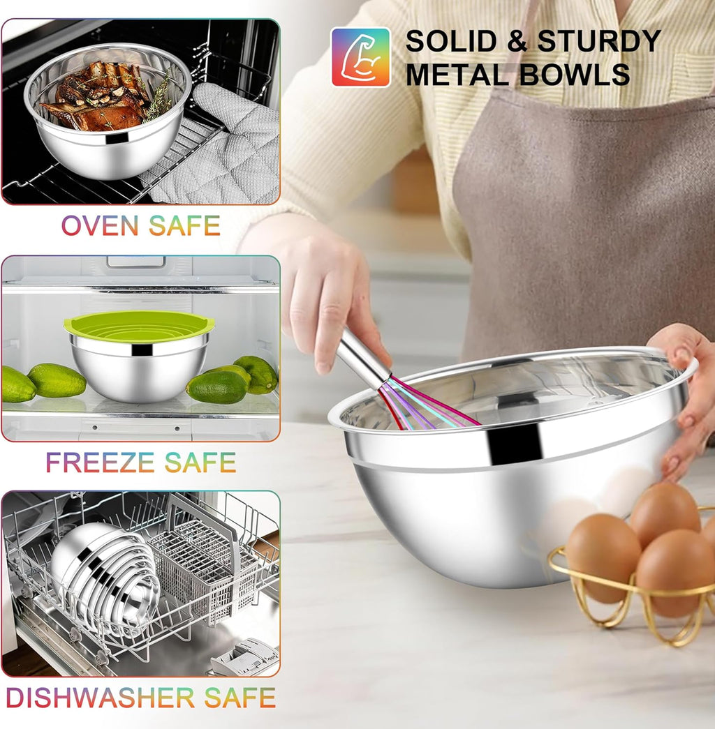 E-far Mixing Bowls with Lids Set, 7-Piece Stainless Steel Mixing Bowls with 3 Grater Attachments, Size 4.6, 3.5, 2.6, 2, 1.5, 1, 0.7QT, Nesting Design & Colorful Airtight Lid, For Baking/Prepping