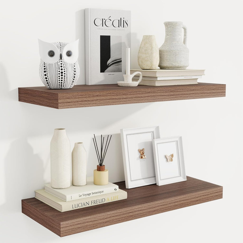 Fun Memories 24 Inch Floating Shelves for Wall, 9 Inch Deep Walnut Rustic Wood Wall Mounted Shelves for Bathroom, Kitchen, Living Room, Set of 2